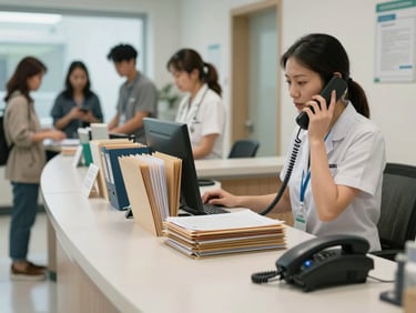 Wide environmental shot of a healthcare-adjacent clinic reception desk, organized file folders and a phone handset, neutral cool daylight, front desk staff mid-call with a patient queue visible behind