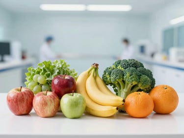 Fresh, vibrant fruits and vegetables arranged neatly on a clean white background, soft diffused daylight