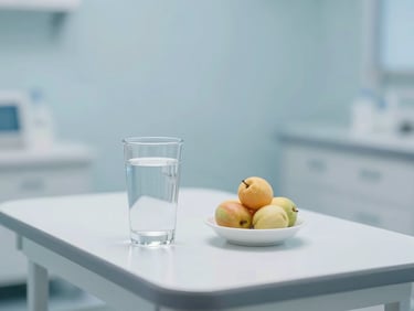 Clean clinical interior, a glass of water and a small bowl of fruit on a sterile table, soft diffused daylight, no people