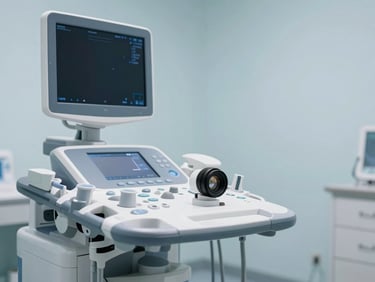 Clean ultrasound machine in a modern clinical room, soft diffused daylight, no patient visible, 35mm lens