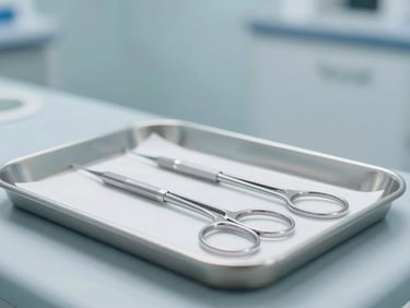 Sterile medical instruments on a tray in a clean operating room, soft clinical lighting, 35mm lens