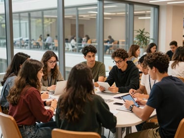Diverse student group collaborating around a table in a modern, glass-walled university study space in Istanbul