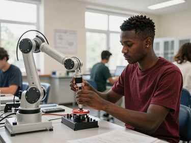 African engineering student working with a robotic arm in a bright, modern Turkish university laboratory, natural daylight