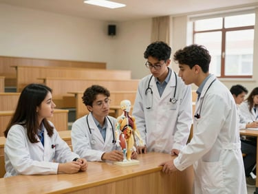 Medical students in white coats discussing a anatomy model in a sunlit, modern Turkish university lecture hall