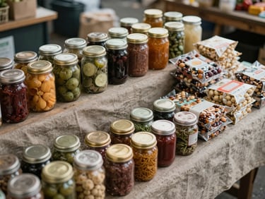Overhead study of a food market stall layout before opening — jars, produce, and wrapped goods arranged on a wooden table, soft natural overcast light from above, no people, textures of linen and wood prominent