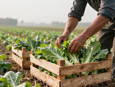 Wide environmental shot of a farmer's hands sorting freshly harvested leafy greens into wooden crates at the edge of a field, soft overcast morning light, soil and straw visible on the ground