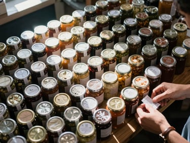 Overhead study of a food market display before opening hours, neat rows of jars and produce arranged on a wooden table, hands adjusting a label in the lower right corner, cool morning light through a skylight above