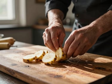 Extreme close-up of a chef's hands arranging root vegetables on a worn wooden prep table, soft morning window light raking across the surface, dim dining room visible out of focus in the background