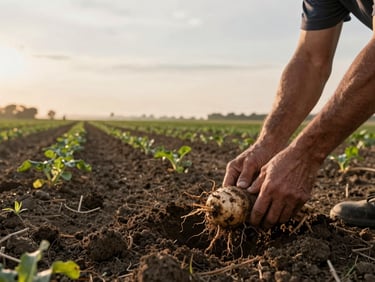Wide environmental shot of a farm field at early morning, a farmer's hands lifting a root vegetable from dark soil in the foreground, soft overcast sky diffusing flat golden light across rows of crops stretching to the horizon