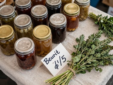 Overhead study of a market stall arrangement before opening — jars of preserved goods, bundled herbs, and a handwritten price card on a linen cloth, natural daylight from above