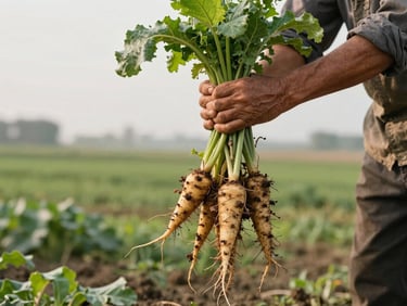 Wide environmental shot of a farmer's hands holding a freshly harvested bunch of root vegetables against an open field at soft overcast morning light, soil still on the roots, no studio lighting, muted greens and earth tones