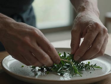 Extreme close-up of a chef's hands arranging fresh herbs on a ceramic plate under soft window light, natural daylight, tactile texture of the plate visible, no faces, moody and still