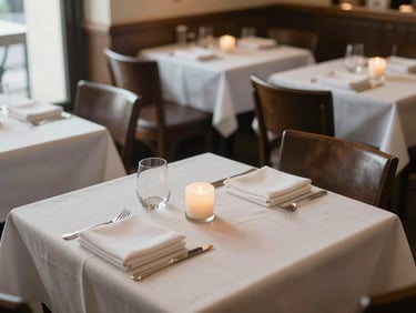 Close-up overhead of a small restaurant dining room before service opens, empty chairs tucked under linen-covered tables, a single candle and folded napkin in sharp focus, soft diffused window light from the left