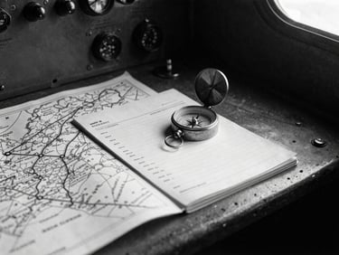 Archival monochrome close-up of a 1940s navigator desk inside a Lancaster bomber, featuring a hand-drawn map, a brass compass, and a logbook under soft dramatic light.