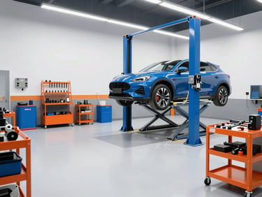 A spotless modern vehicle service bay with a car on a lift, bright high-key daylight, clean floors, professional tools organized on safety orange racks, 35mm