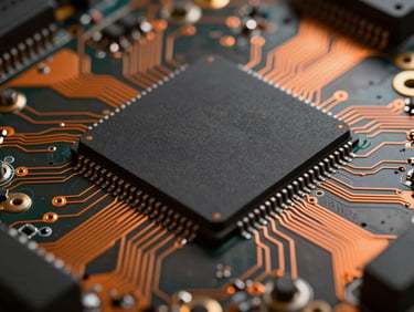 Macro close-up of a raw printed circuit board with dense copper traces, a central processor chip highlighted by moody orange studio light, matte black solder mask