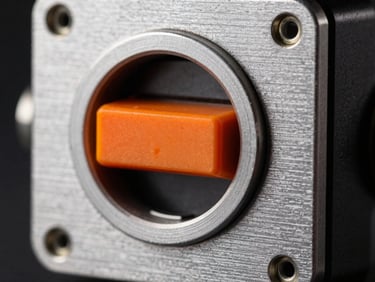 Macro shot of a physical hardwired slide switch on a brushed metal chassis, safety orange accent visible inside the switch cavity
