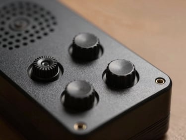 Macro shot of a matte black aluminum dictation device, physical toggle switches, machined speaker grill, warm studio lighting