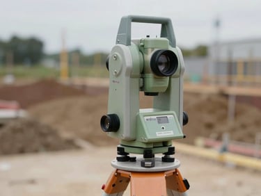 Close-up of a total station prism reflector mounted on a survey pole, construction site terrain visible behind, overcast natural light, instrument detail sharp against blurred earthwork background