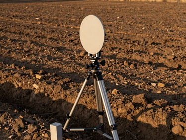 Dual-frequency GNSS receiver antenna mounted on tripod at a bare site boundary, golden hour light raking across compacted soil, survey benchmark stake visible at lower frame edge