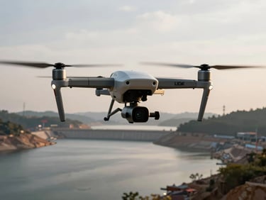 LiDAR-equipped drone in flight low over a body of water near a dam construction site, late afternoon light, shoreline terrain visible below, rotor arms and sensor pod in focus against overcast sky