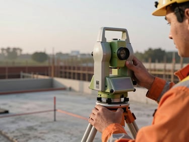 Survey crew member aligning a robotic total station over a construction layout stake, early morning light, concrete foundation forms in background, hands and instrument in sharp focus
