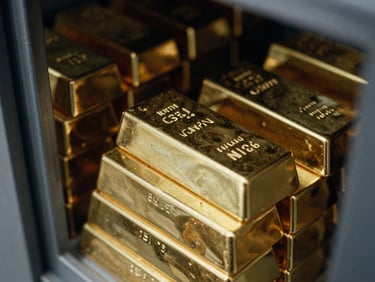 Close-up of raw unrefined gold bullion bars stacked in a secure vault, dramatic low-angle natural light, deep shadows, 35mm.