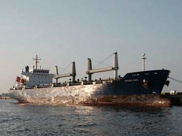 Industrial cargo ship docked at a deep-water port in India, wide-angle lens, desaturated metallic tones, low sun.