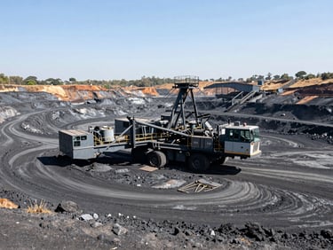 Wide environmental shot of heavy mining machinery operating in an open-pit coal mine in Africa, harsh daylight, high contrast.