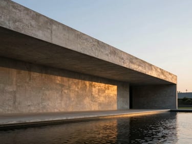 A minimalist concrete cantilever projecting over a quiet water feature at dusk, low-angle golden hour light emphasizing the smooth, unpeopled architectural elevation.
