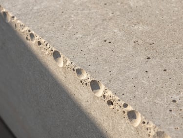 Close-up of raw travertine stone showcasing natural pits and textures under sharp morning light, casting long shadows across the clean joinery.