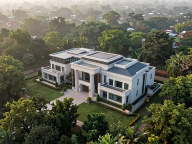Aerial view of a sprawling luxury estate integrated into a dense green landscape in New Delhi, soft morning mist surrounding the clean structural lines.