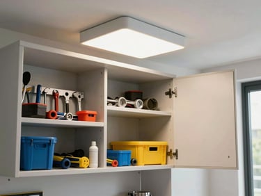 A neat utility cabinet with organized tools, a clean hallway light fixture being professionally serviced, bright daylight