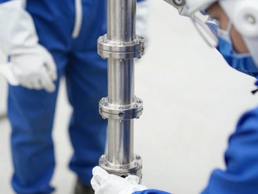 A stainless steel submersible borehole pump being lowered by a technician wearing high-vis gear, macro detail