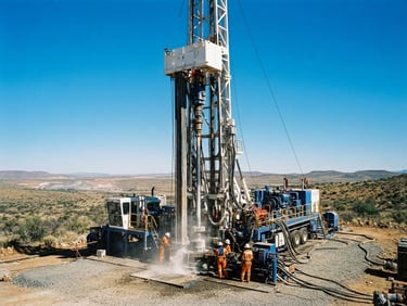 Wide environmental shot of a heavy industrial drilling rig operating under bright South African sunlight, blue sky background, high contrast, 35mm