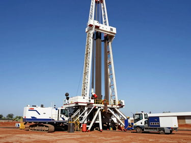 A heavy drilling rig operating on a Gauteng red-soil field, bright daylight, high-contrast industrial photography
