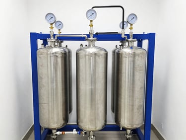 A high-efficiency industrial reverse osmosis unit with stainless steel pressure vessels and digital flow meters, bright utility room, 35mm