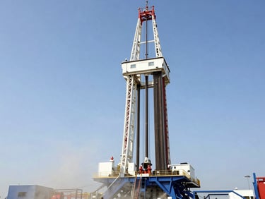 Wide shot of a massive blue drilling rig mast raised against a clear sky, dust and rock chips clearing at the base, bright daylight, 35mm.
