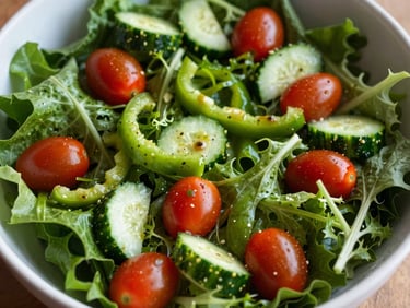 Overhead shot of a large, vibrant salad bowl filled with mixed greens, cherry tomatoes, cucumbers, bell peppers, and a light vinaigrette dressing, natural daylight, rich organic green tones, shallow depth of field, 35mm.