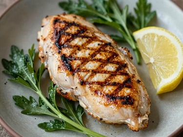 Close-up overhead shot of a perfectly grilled chicken breast with grill marks, alongside fresh herbs and a lemon wedge, on a rustic plate, soft natural daylight, rich organic green tones, shallow depth of field, 35mm.