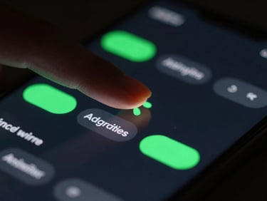 Extreme close-up of a thumb interacting with a clean, dark-mode Android user interface on a physical screen, neon green accent highlights, shallow depth of field