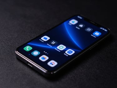 Angled perspective shot of a sleek Android phone displaying a dark-mode utility interface with glowing blue accents, resting on a dark textured surface