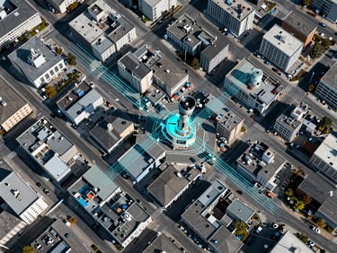 Crisp technical photography of a high-altitude top-down satellite view of a clean municipal grid, sharp daylight, technical vector line overlays in cyan, 35mm lens.