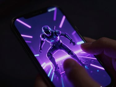 Dynamic macro shot of a phone screen showing a glowing violet cyber runner dodging neon obstacles, dark background