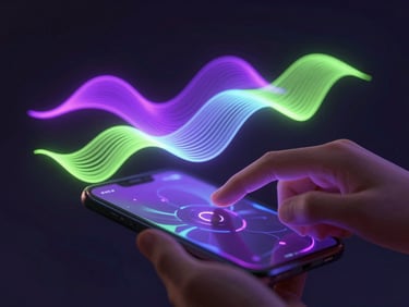 Abstract 3D render of glowing game assets floating against a dark ambient backdrop, vibrant violet and cyber lime haptic waves