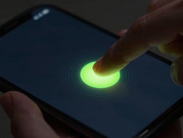 Close-up of a finger dragging a glowing cyber lime node on a dark mobile screen, subtle ripple effects
