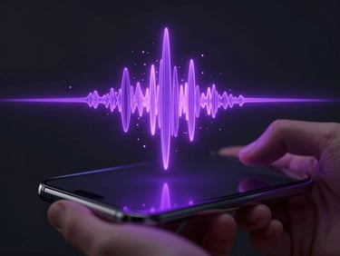 Abstract 3D render of glowing violet soundwaves and neon particles floating above a dark reflective phone screen