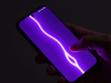 Dynamic angled mockup of a high-fidelity Android device displaying a fluid physics simulation, vibrant violet neon glow, dark moody background