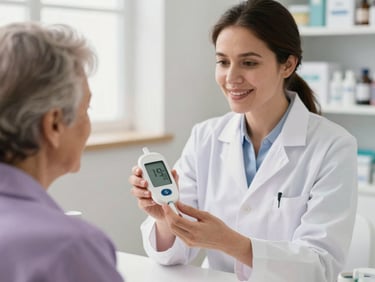 Warm editorial healthcare photography, a local pharmacist in Cuenca showing a glucose monitor to an elderly patient under soft natural daylight