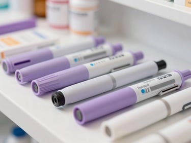 Close-up of organized insulin pens and specialized diabetes medications in a clean, brightly lit pharmacy setting, soft lilac tones